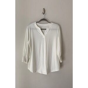 Lomon White Split Neck Knit Top 3/4 Sleeve Smocked Cuff Blouse Womens Large